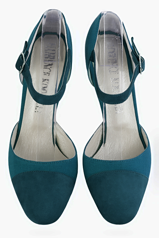 Peacock blue women's open side shoes, with an instep strap. Round toe. Very high slim heel. Top view - Florence KOOIJMAN